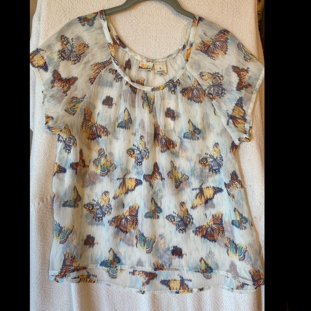Mudd, L, white see through with colorful butterflies